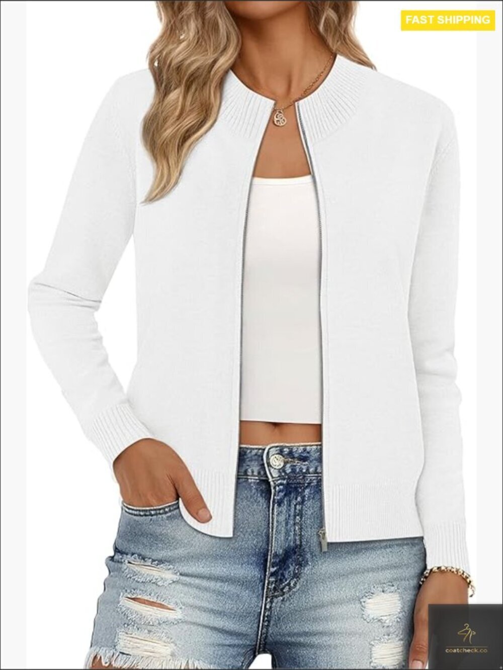 Zip Up Cardigan Sweater Crew Neck Long Sleeve Slim Fit Lightweight Knit
